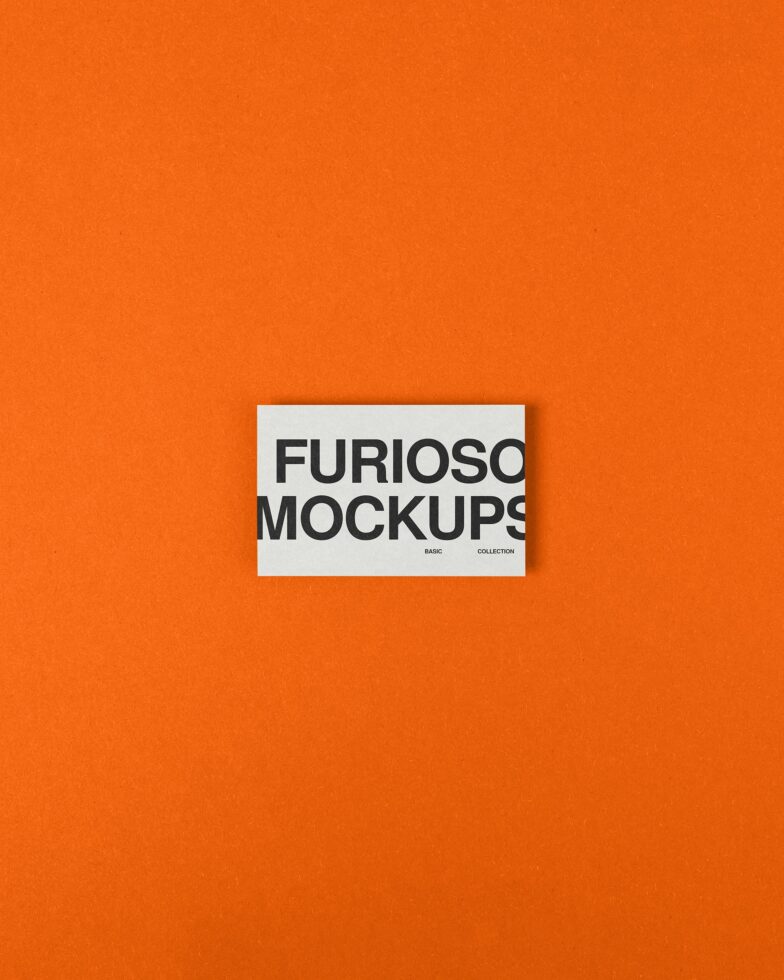 White rectangular card on bright orange background featuring bold Furioso Mockups Basic Collection text