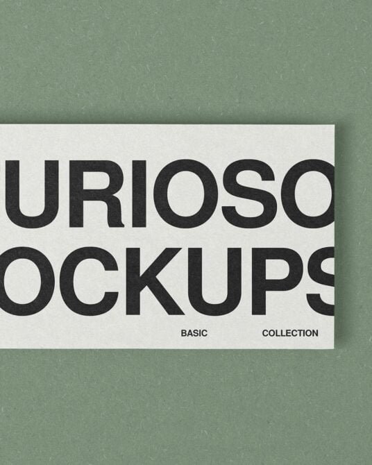 Horizontal cream card on sage backdrop with oversized black typography detail