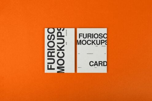 Two cards on orange background showing vertical Furioso Mockups layout with card mockup