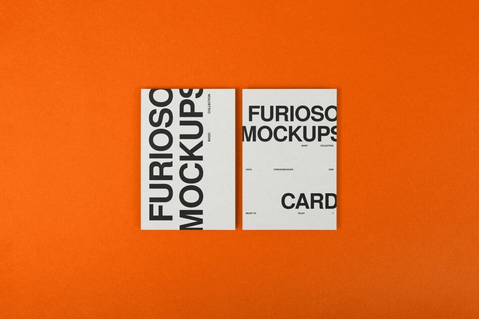 Two cards on orange background showing vertical Furioso Mockups layout with card mockup