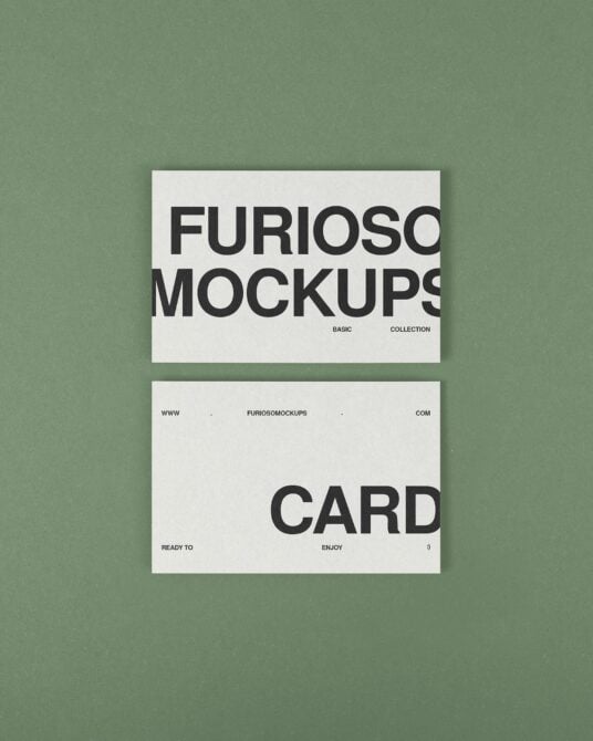 Two cream business cards stacked on sage green background with black typography
