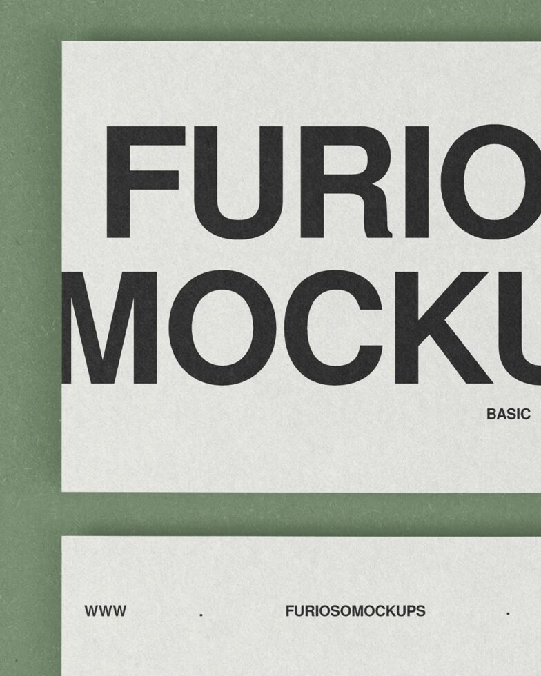 Printed material on sage green background showing large Furioso Mockups typography