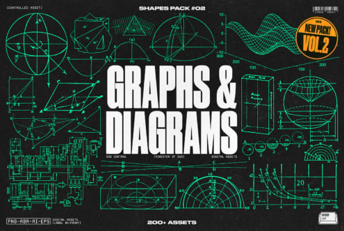 200+ graphs diagrams shapes pack vol.2 with neon geometry on black background