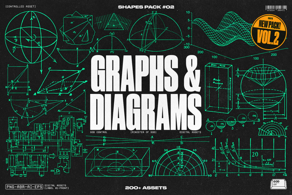 200+ graphs diagrams shapes pack vol.2 with neon geometry on black background