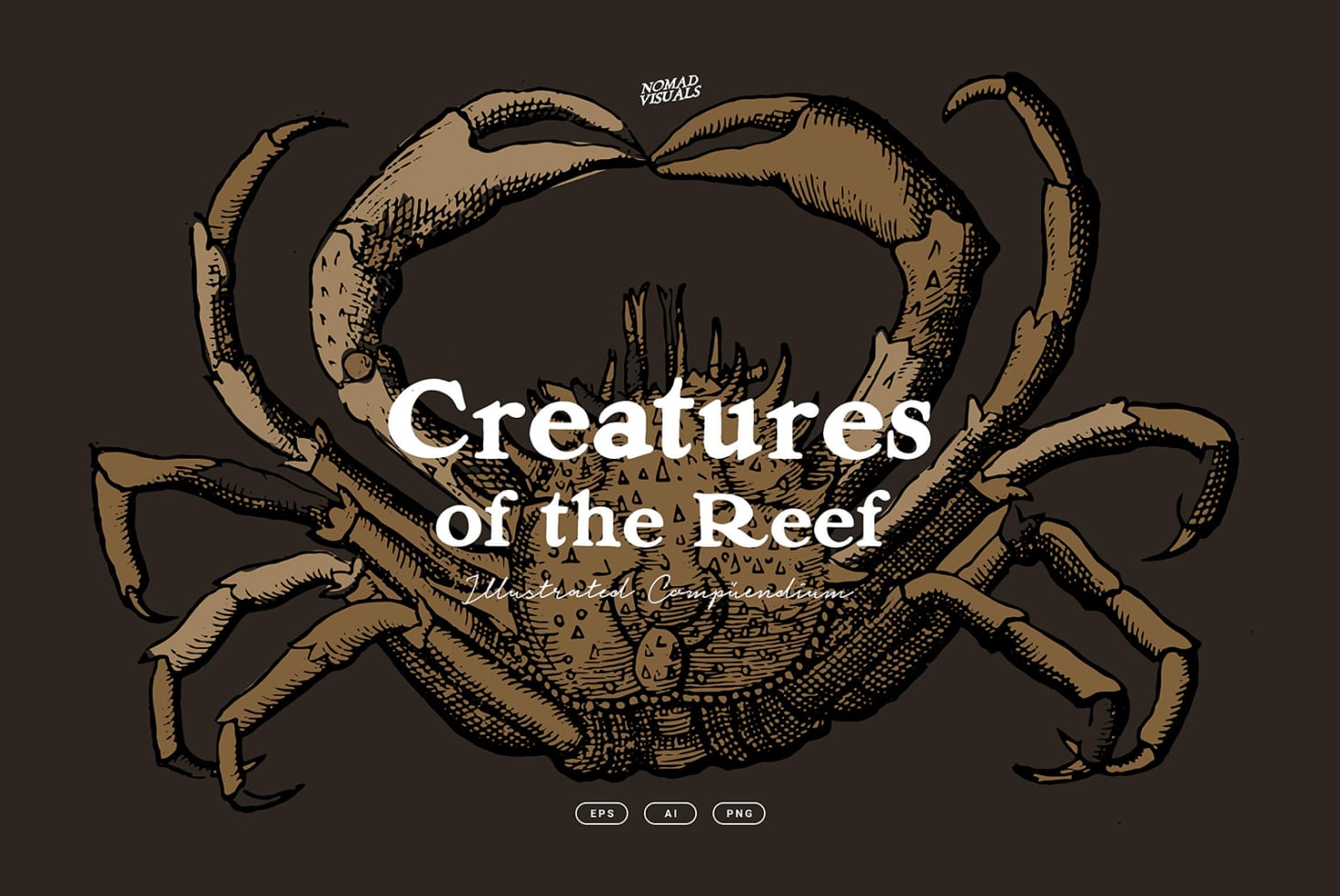 Illustrated cover titled Creatures of the Reef with detailed engraved crab