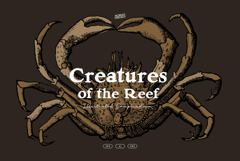 Illustrated cover titled Creatures of the Reef with detailed engraved crab