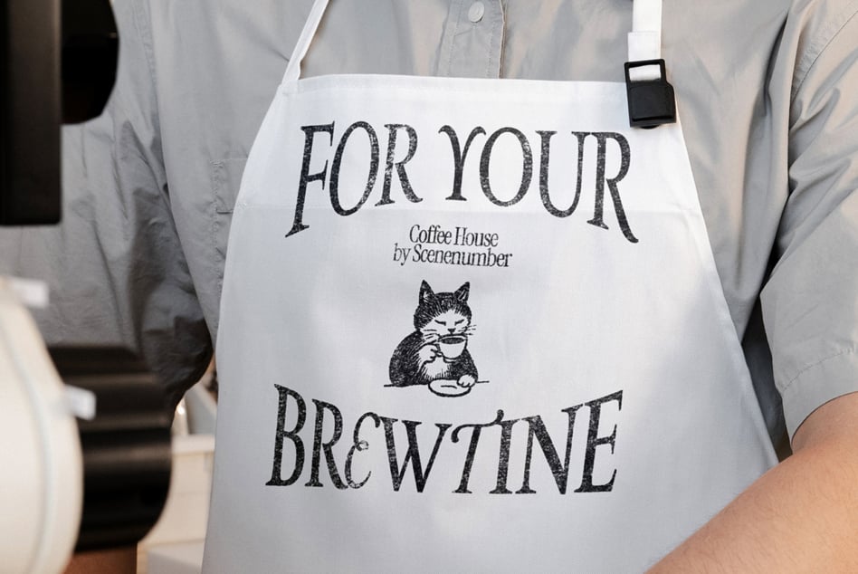 White apron with For Your Brewtine text, cat illustration, Scenenumber branding
