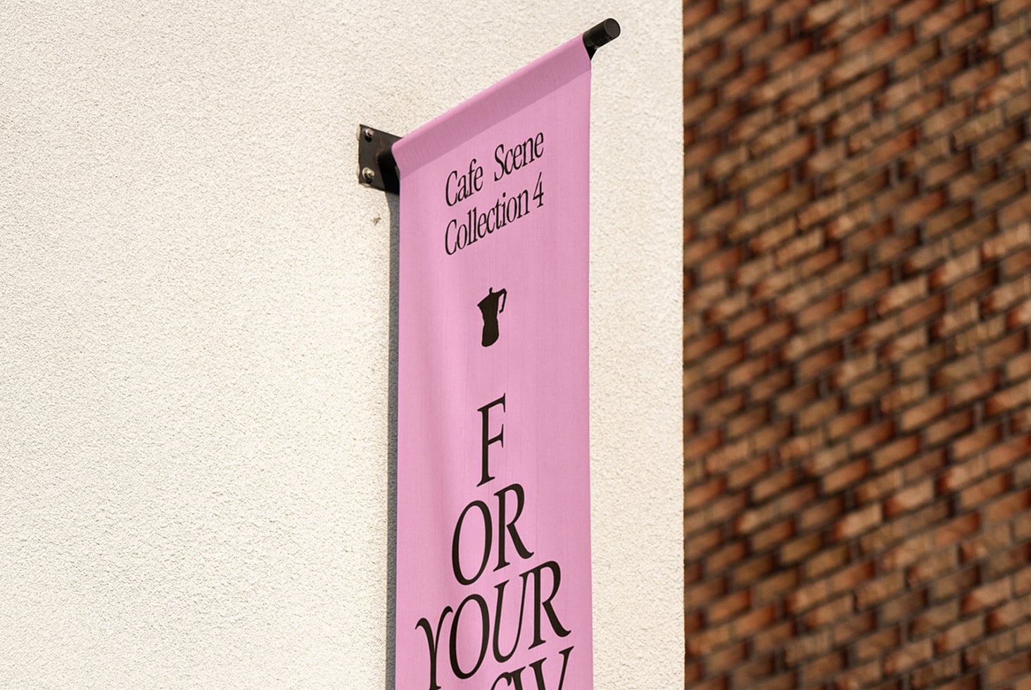 Pink hanging banner, Cafe Scene Collection 4 header, coffee pot icon, vertical layout