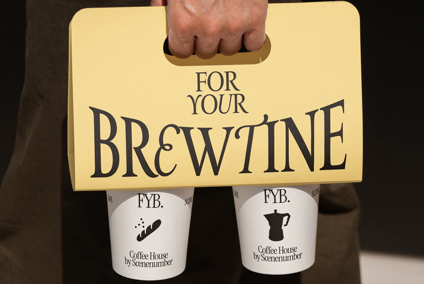 Yellow carrier bag with two branded coffee cups mockup showing brewing gift packaging