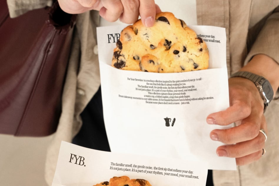 White cookie bag with chocolate chip cookie, text copy, branding layout visible