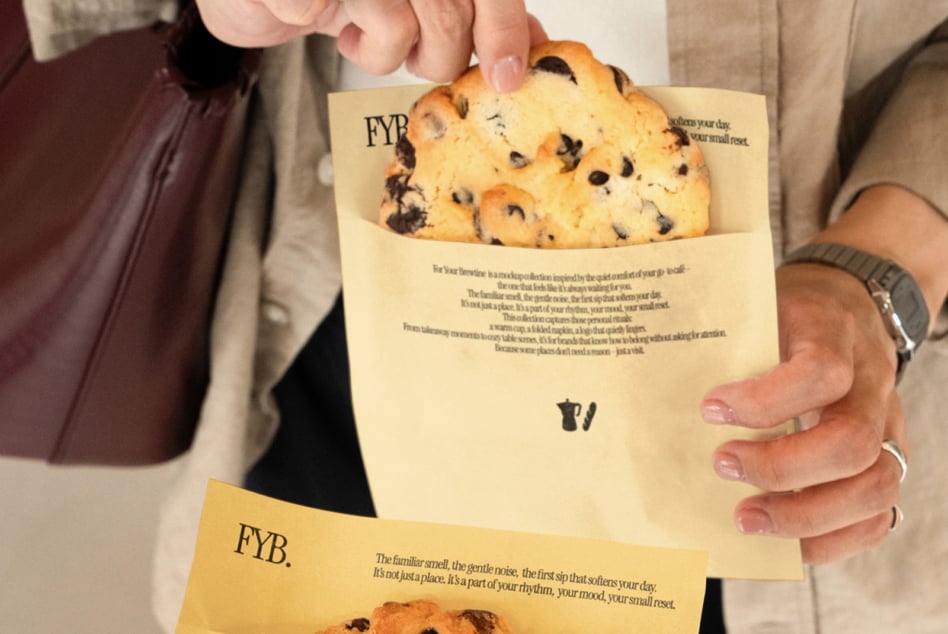 Cream-colored cookie bag with chocolate chip cookie, typography, text layout shown
