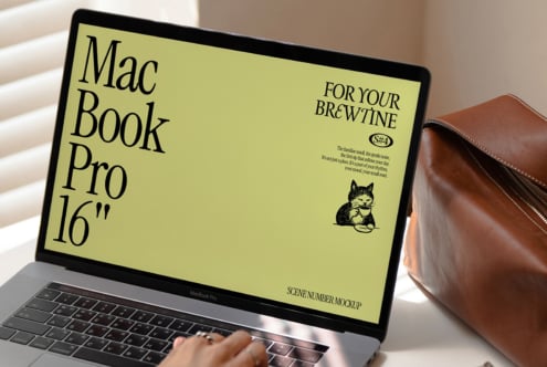 MacBook Pro 16 inch screen mockup with cafe branding on lime