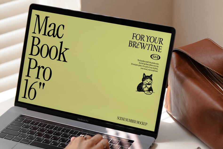 MacBook Pro 16 inch screen mockup with cafe branding on lime
