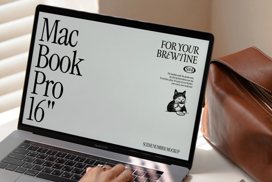 MacBook Pro 16 inch screen mockup with cafe branding on yellow