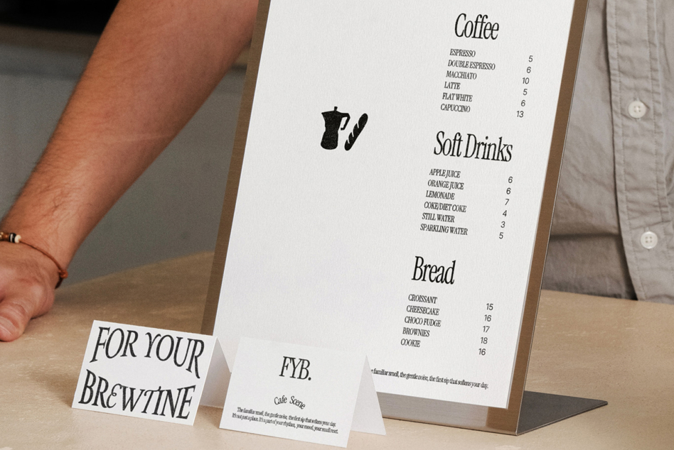 Cafe menu mockup with white table tents on wooden stand display