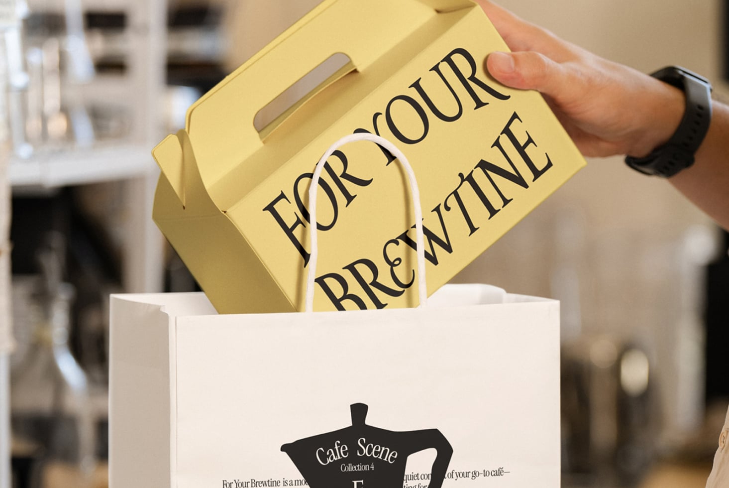 Yellow coffee cup in white shopping bag, cafe scene collection mockup