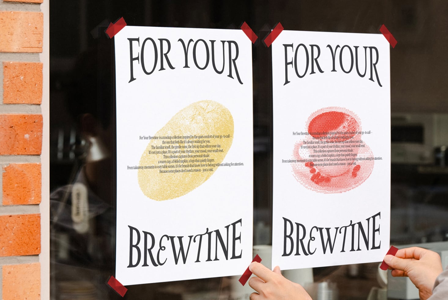 Two taped posters on dark storefront showing yellow, red circles with For Your Brewtine text