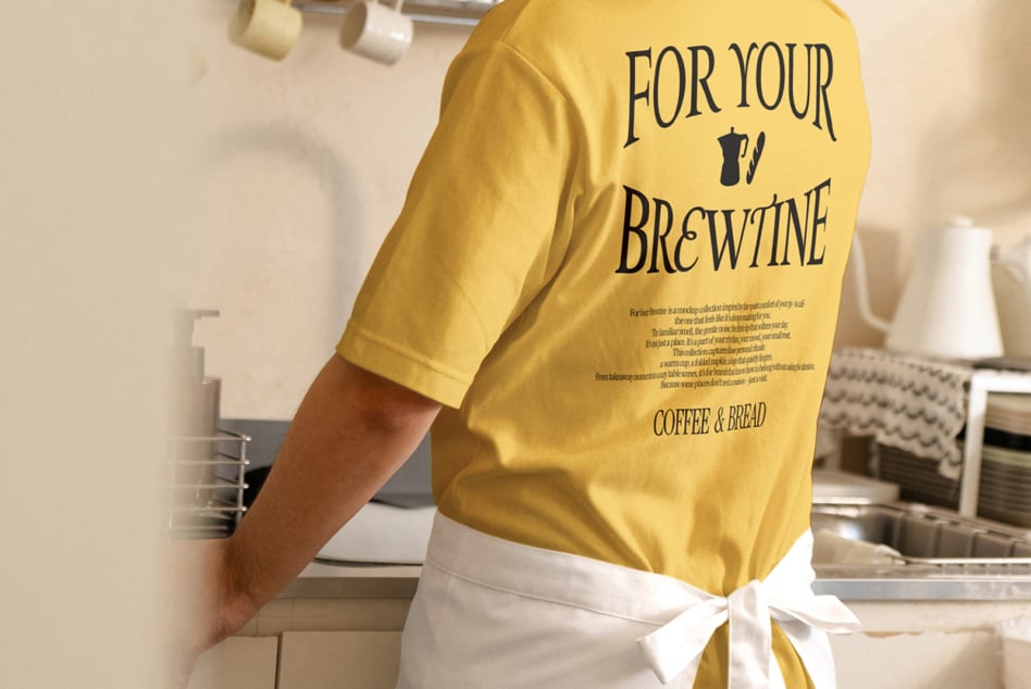 Yellow tee with brewpub text design mockup shown on person in kitchen setting