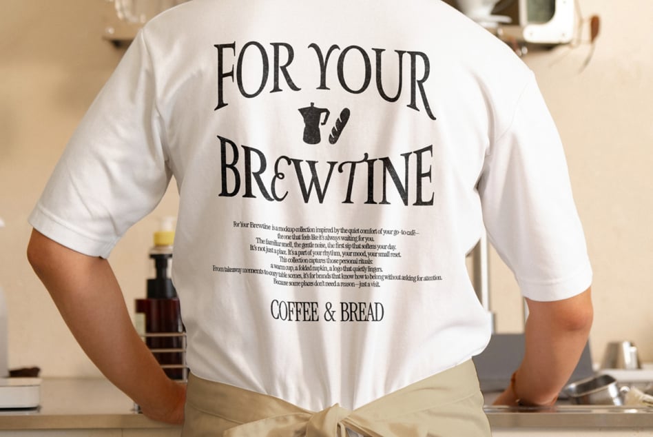 White tee back print mockup worn while reaching into kitchen cabinet