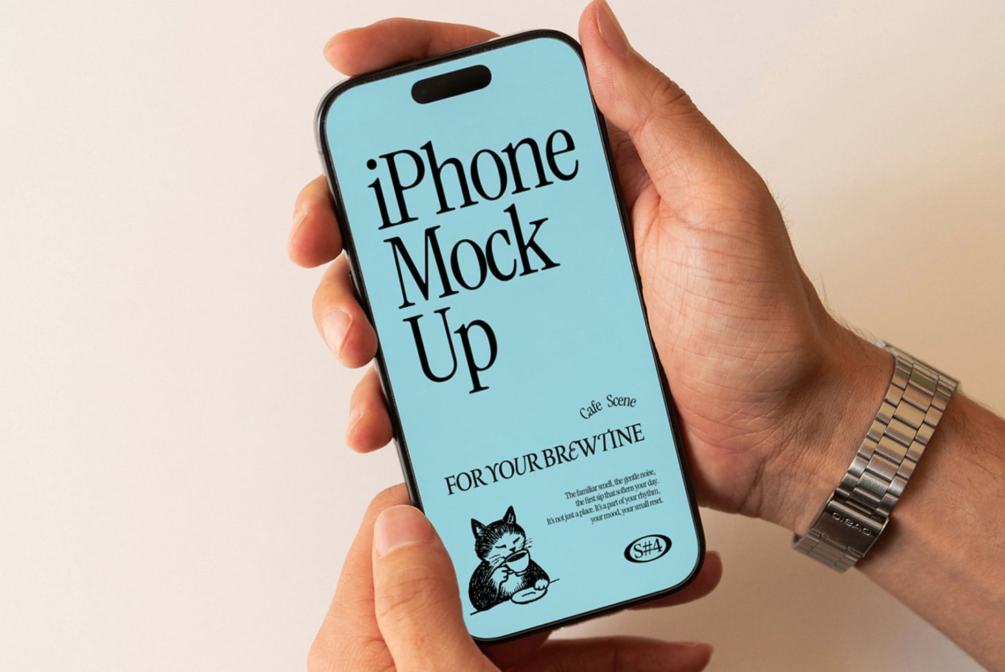 iPhone 14 Pro held in hand with light blue screen mockup showing cafe design