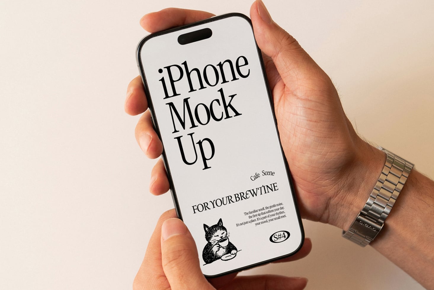 iPhone 14 Pro in hand showing screen mockup with serif typography layout