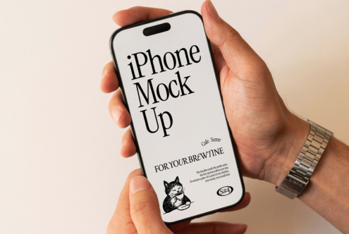iPhone 14 Pro in hand showing screen mockup with serif typography layout