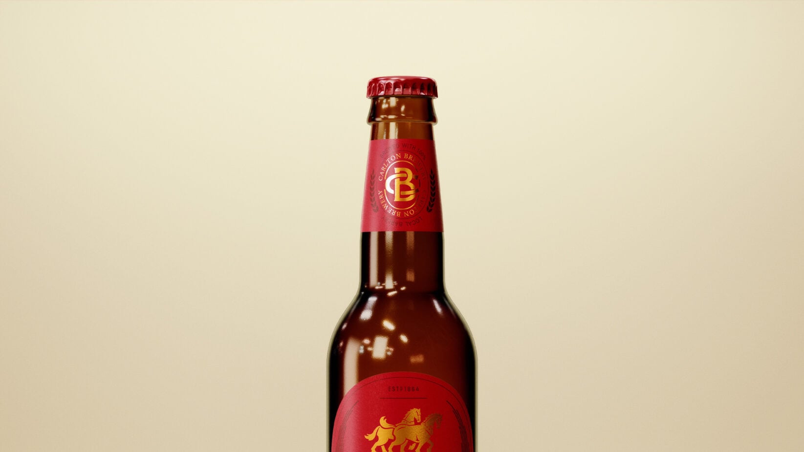 Carlton Draught bottle closeup on cream background showing label detail