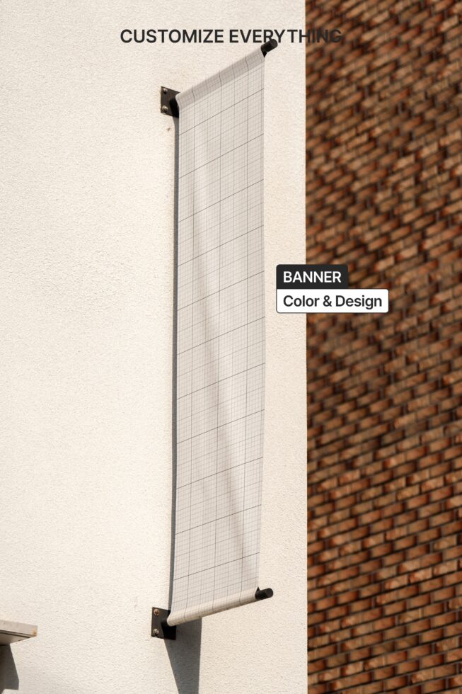 Vertical banner mockup on brick wall with grid overlay ready for custom design