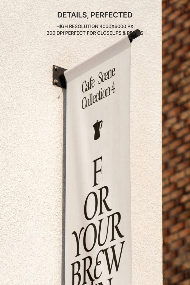 Angled white banner on brick showing For Your Brewtine coffee shop sign mockup