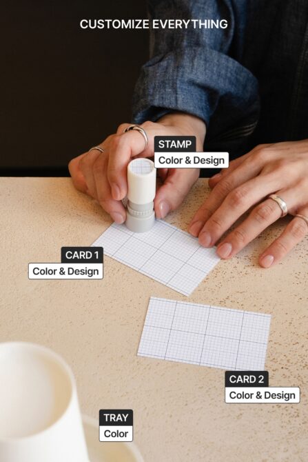 Stamp, cards, tray mockups spread out, editable colors on cork mat