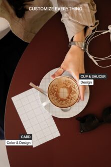 Flat lay coffee cup saucer with card mockup, customizable colors shown