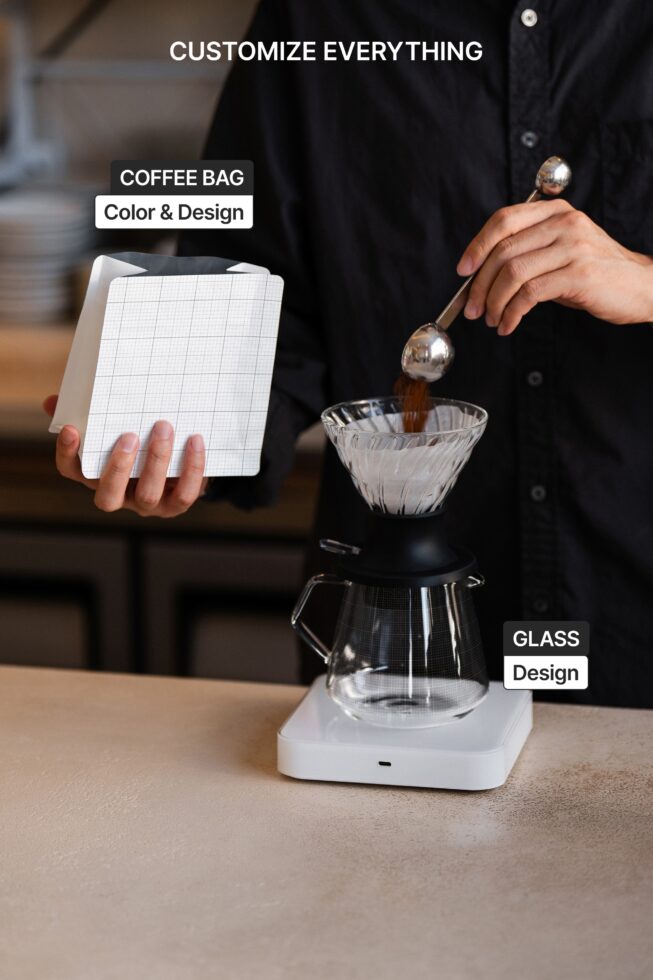 Coffee dripper mockup with customizable bag, glass carafe, labels shown