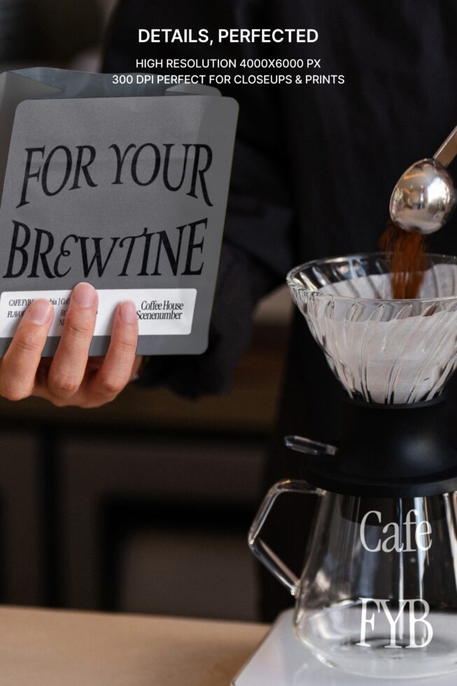 Coffee brewing mockup with gray bag held beside glass carafe pour demonstration