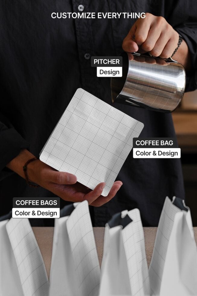 Hands holding grid-pattern coffee bag with metal pitcher pouring above, white cups below