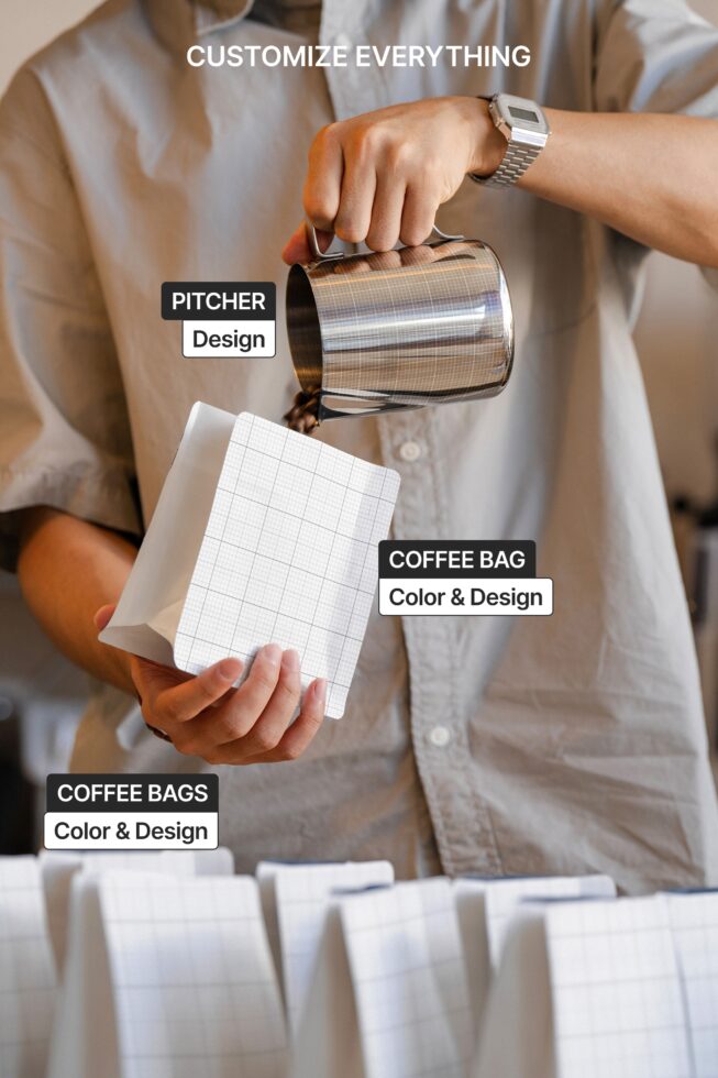 Man in light shirt holding coffee bag in one hand, pouring from striped metal pitcher