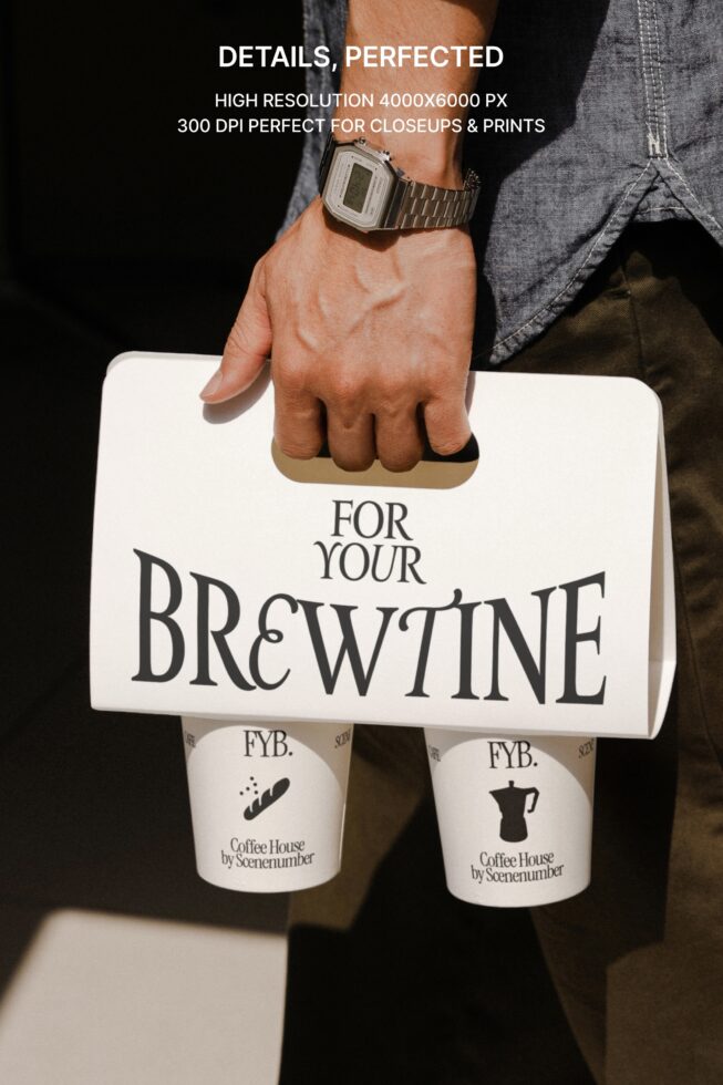 Person holding cream colored carrier bag with two coffee cups mockup setup