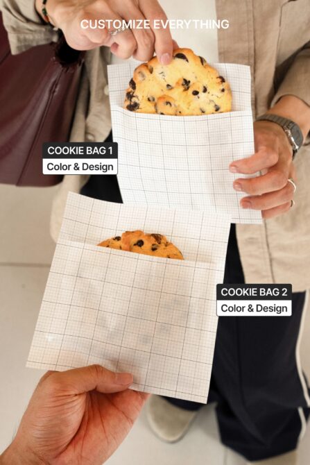 Two grid-patterned cookie bags with chocolate chip cookies, labeled for color design customization