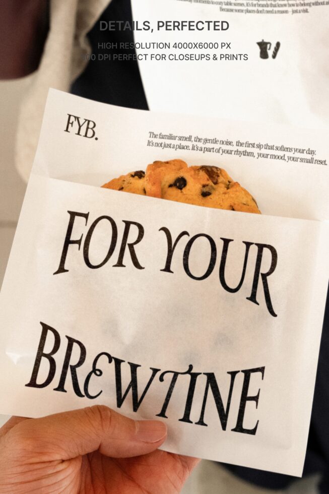 Close up of cream paper bag held with cookie visible, textured background