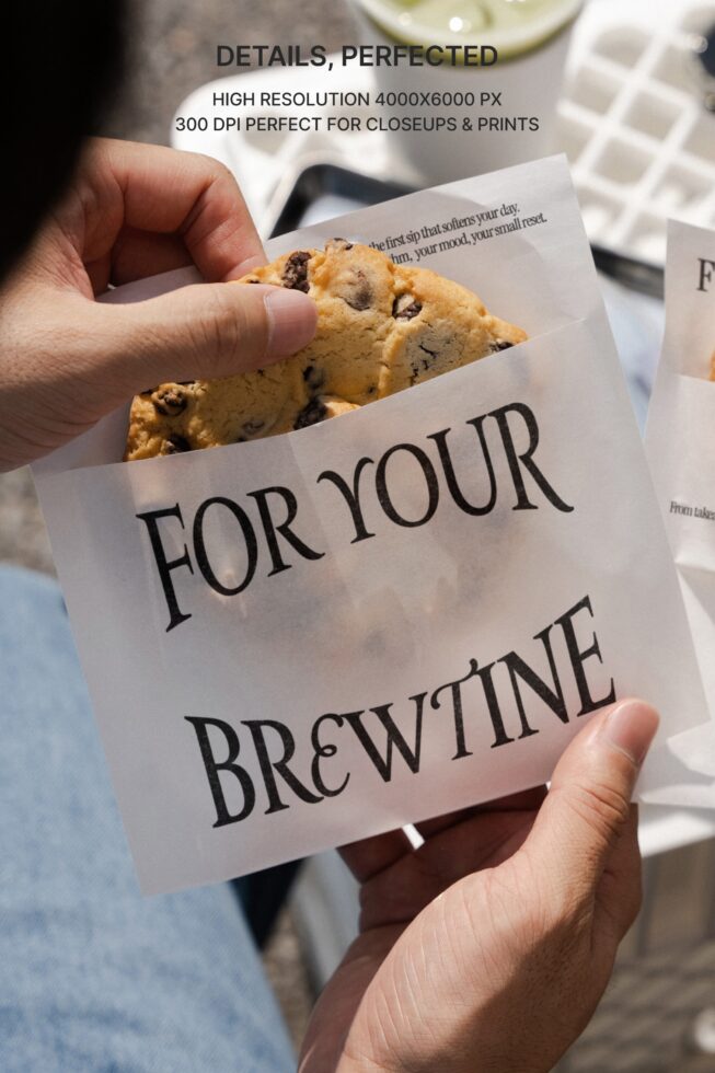 Close up of chocolate chip cookie in beige bag labeled For Your Brewtine