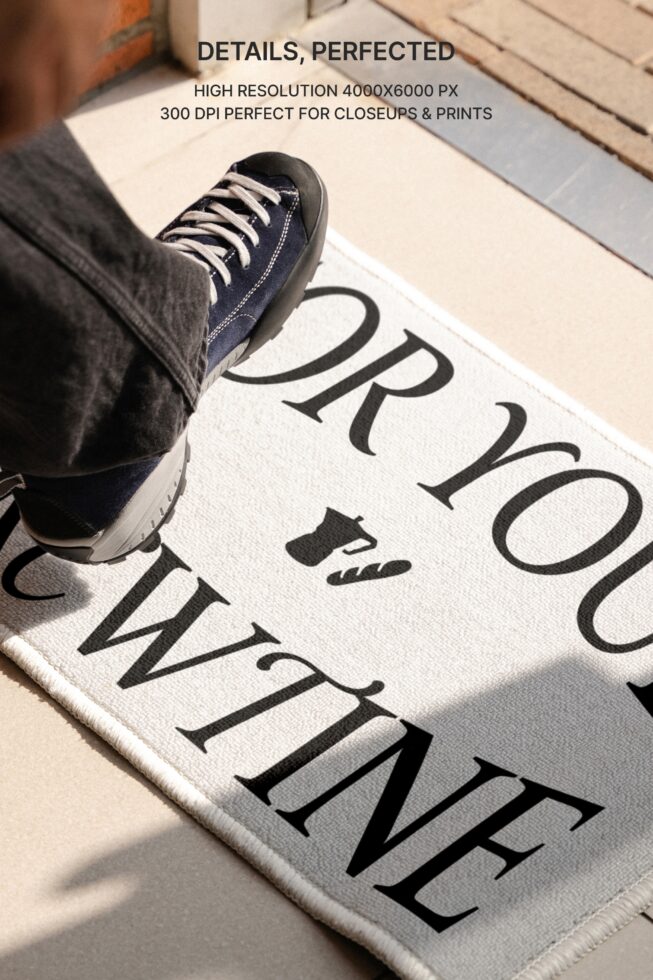 Overhead shot of sneaker on doormat with dry your wine message, brick wall backdrop