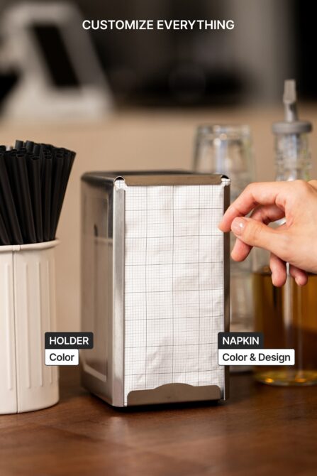 Napkin holder mockup showing customizable grid design on napkin