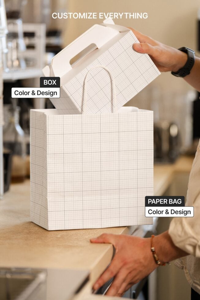 Paper bag mockup with handles showing color, box, design options