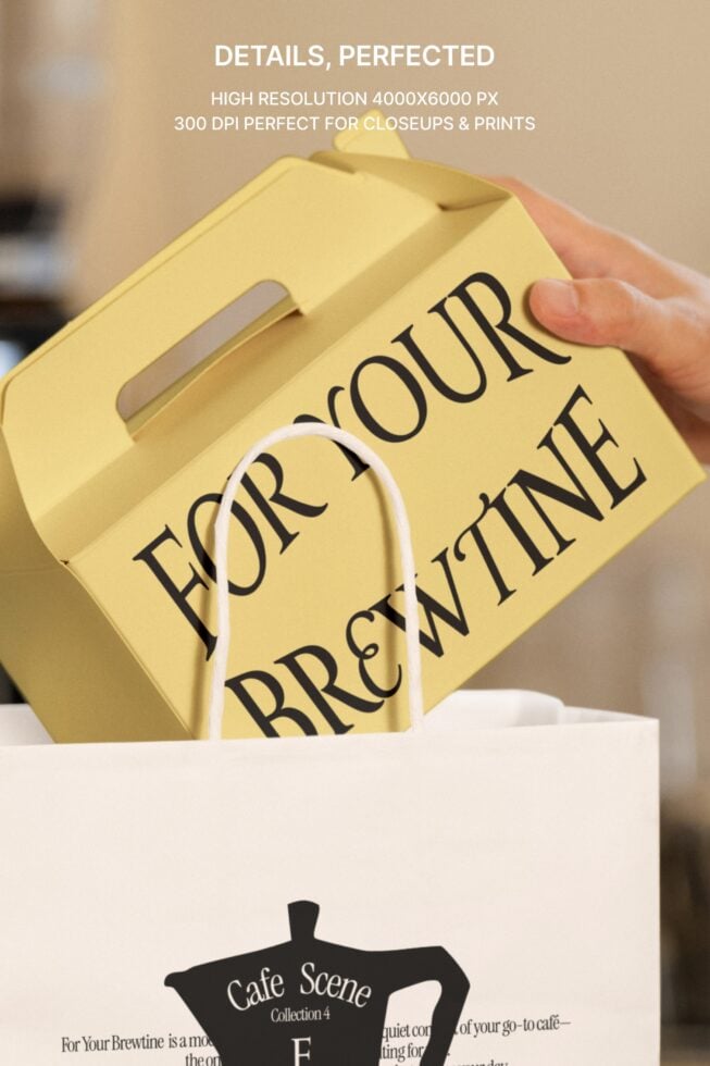 Hands holding yellow coffee bag mockup with white handle detail