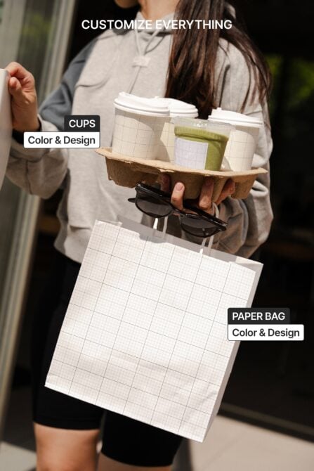 Cardboard cup carrier with three coffee cups, sunglasses, plus grid paper bag mockup