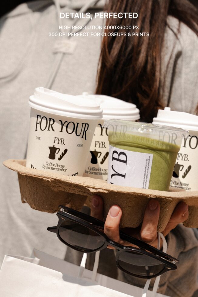 Coffee cups in cardboard carrier with branded napkin mockup