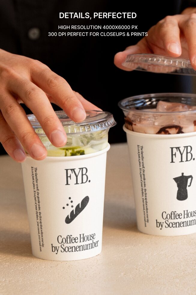 Close up of two iced drinks in clear cups with branded sleeve labels