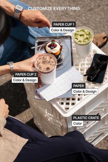 Coffee items in white crate cups drinks pastry paper with customizable mockups