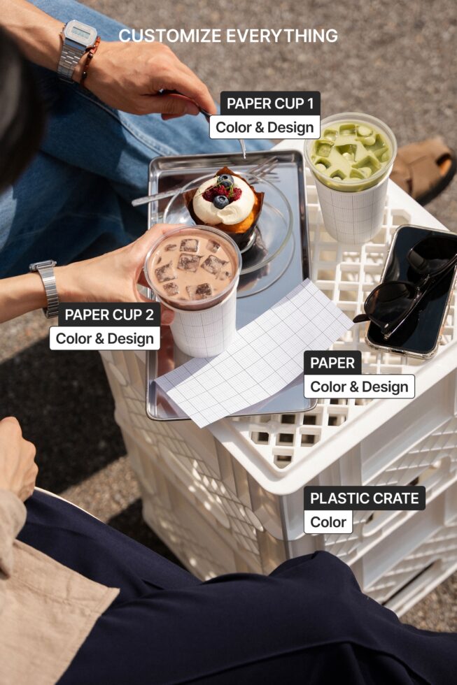 Coffee items in white crate cups drinks pastry paper with customizable mockups