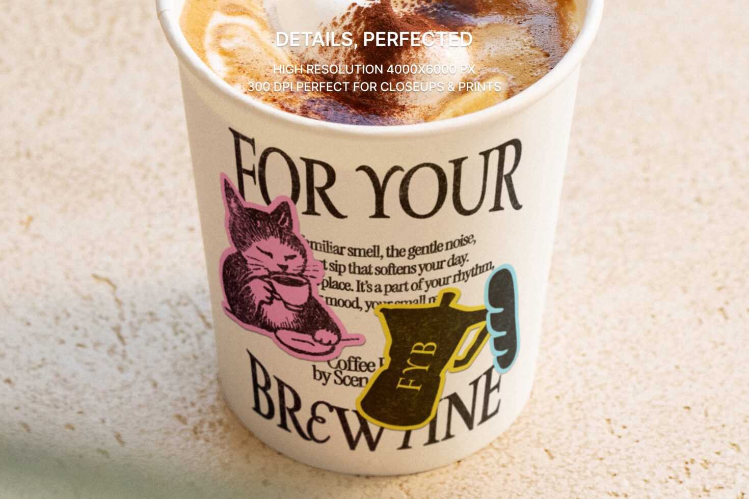 Coffee cup with cat illustration, pink color, custom brewed beverage sleeve design