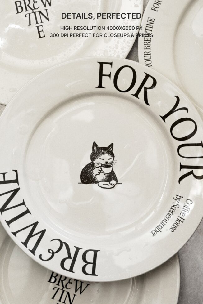 Stacked ceramic plate mockup, cat with coffee cup center, brewtine text on rim